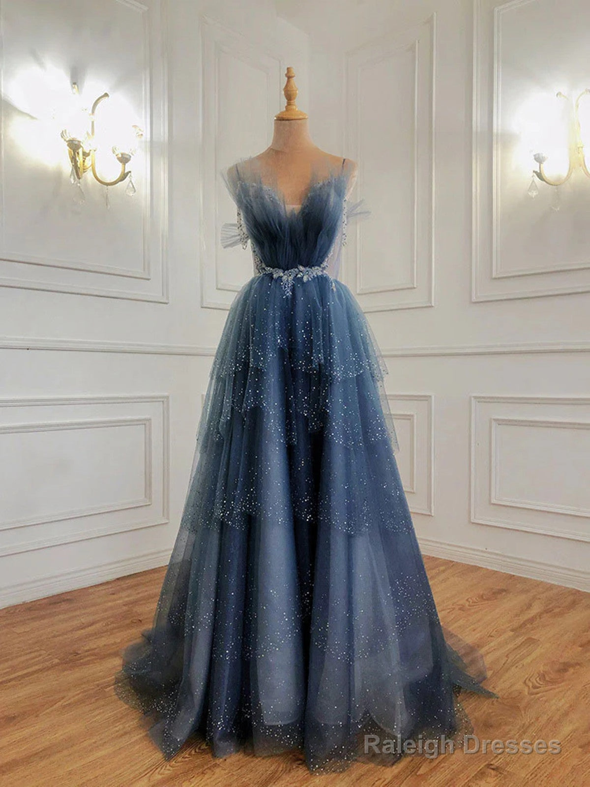 Glam Dark Blue Beaded Long Tulle Party Dress, Dark Blue Prom Dress Main image