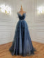 Glam Dark Blue Beaded Long Tulle Party Dress, Dark Blue Prom Dress