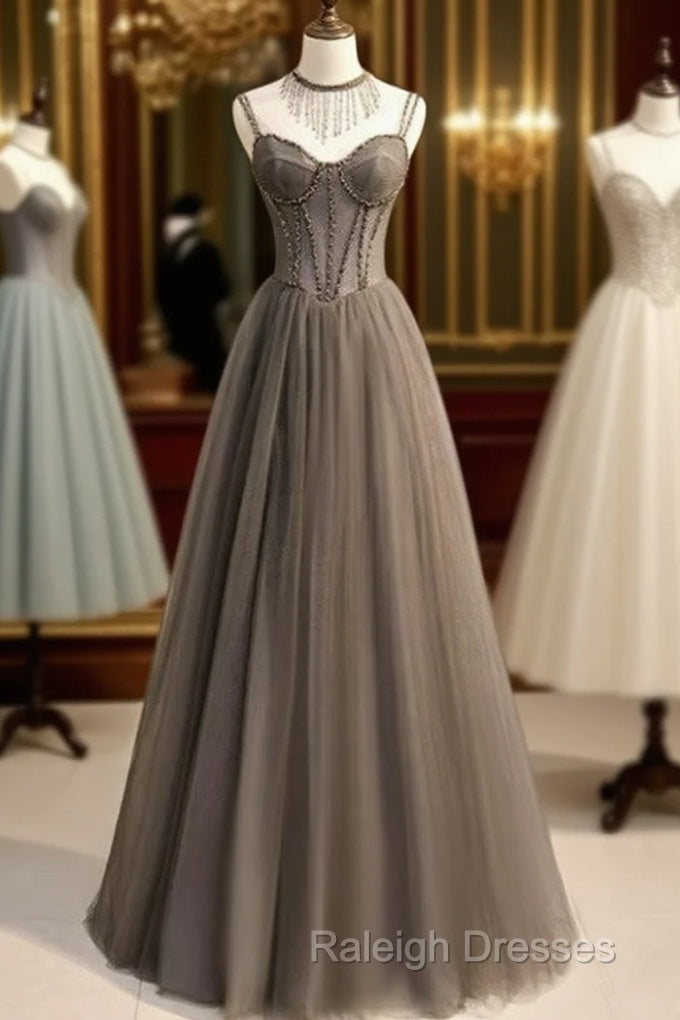 Glam Grey Beaded Tulle Long Evening Dress Party Dress, A-Line Straps Evening Formal Dresses Main image