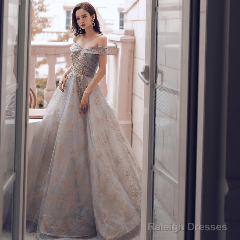 Glam Off Shoulder Shiny Lace And Tulle Long Prom Dresses A-Line Prom Dress