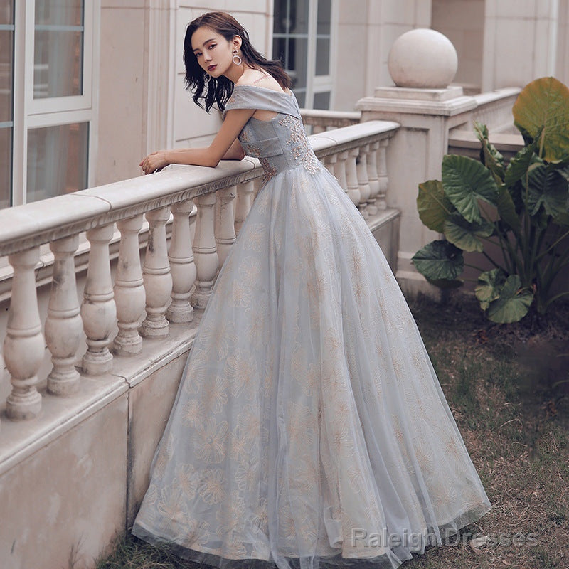 Glam Off Shoulder Shiny Lace And Tulle Long Prom Dresses A-Line Prom Dress
