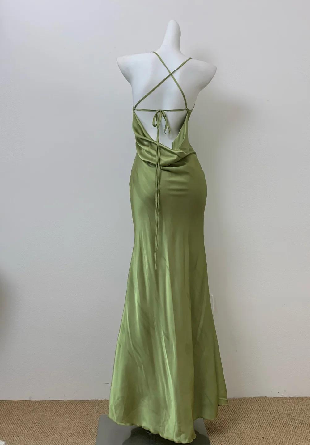 Glam Olive Green Spaghetti Straps Mermaid Satin Prom Dress Long Prom Gown With Backless Secondary image