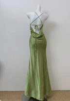 Glam Olive Green Spaghetti Straps Mermaid Satin Prom Dress Long Prom Gown With Backless