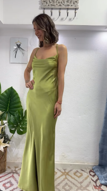 Glam Olive Green Spaghetti Straps Mermaid Satin Prom Dress Long Prom Gown With Backless