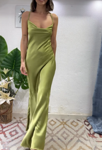 Glam Olive Green Spaghetti Straps Mermaid Satin Prom Dress Long Prom Gown With Backless