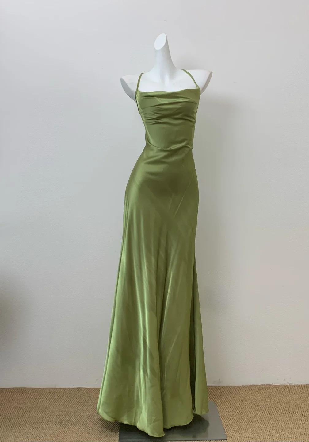 Glam Olive Green Spaghetti Straps Mermaid Satin Prom Dress Long Prom Gown With Backless