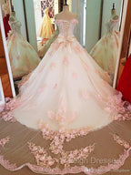 Glam Pink Flowers Tulle Off Shoulder Sweet 16 Dresses Ball Gown Prom Dresses