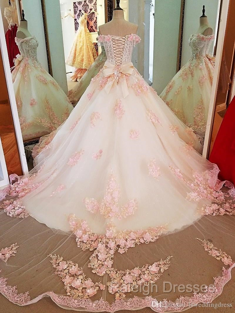 Glam Pink Flowers Tulle Off Shoulder Sweet 16 Dresses Ball Gown Prom Dresses
