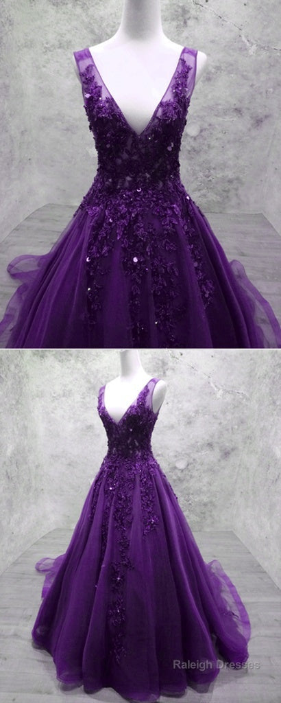 Glam Purple V-Neckline Tulle Beaded And Lace Prom Gowns Purple Long Prom Dress