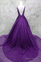 Glam Purple V-Neckline Tulle Beaded And Lace Formal Gown, Purple Long Prom Dresses