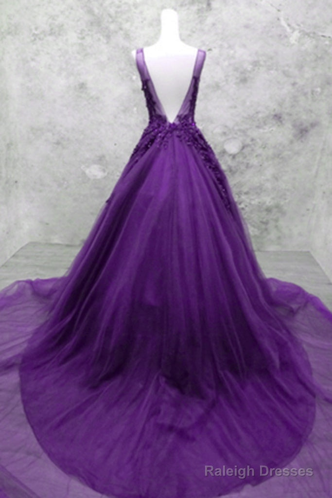 Glam Purple V-Neckline Tulle Beaded And Lace Formal Gown, Purple Long Prom Dresses