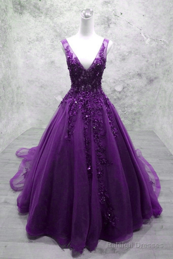 Glam Purple V-Neckline Tulle Beaded And Lace Formal Gown, Purple Long Prom Dresses