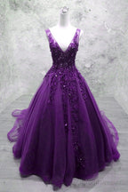 Glam Purple V-Neckline Tulle Beaded And Lace Prom Gowns Purple Long Prom Dress