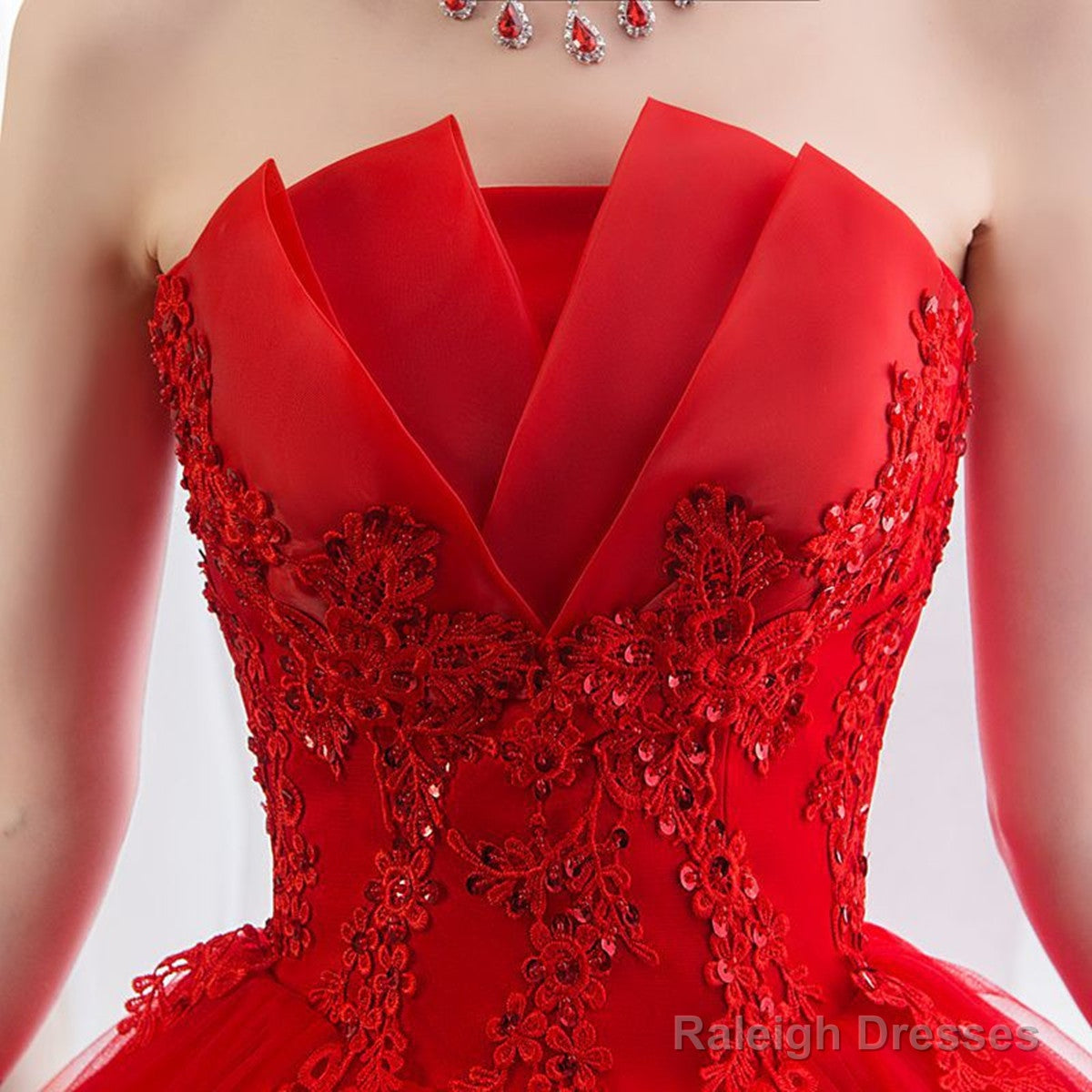 Glam Red Ball Gown Tulle Sweet 16 Dress With Lace, Red Long Formal Dress Party Dress