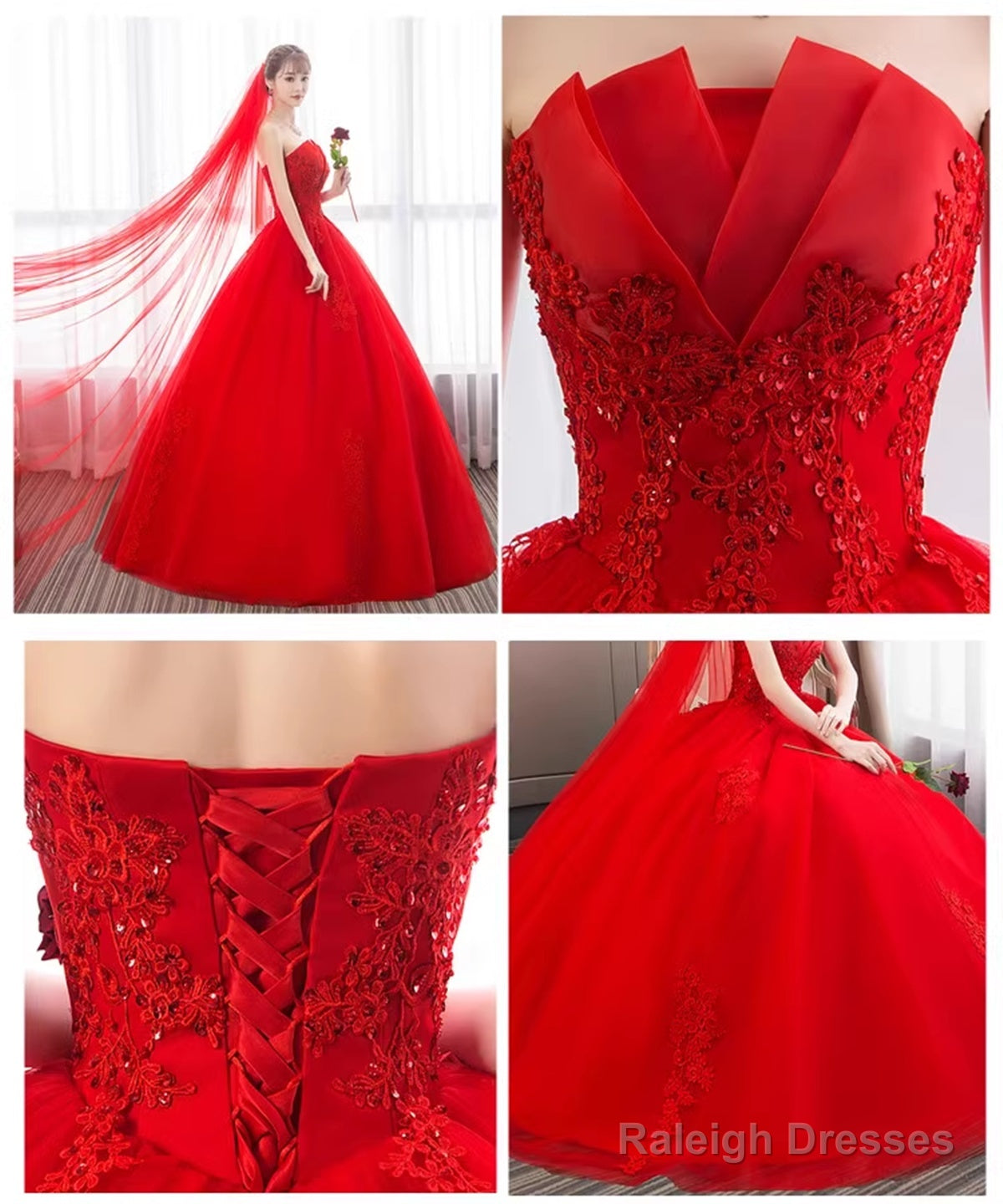 Glam Red Ball Gown Tulle Sweet 16 Dress With Lace, Red Long Formal Dress Party Dress