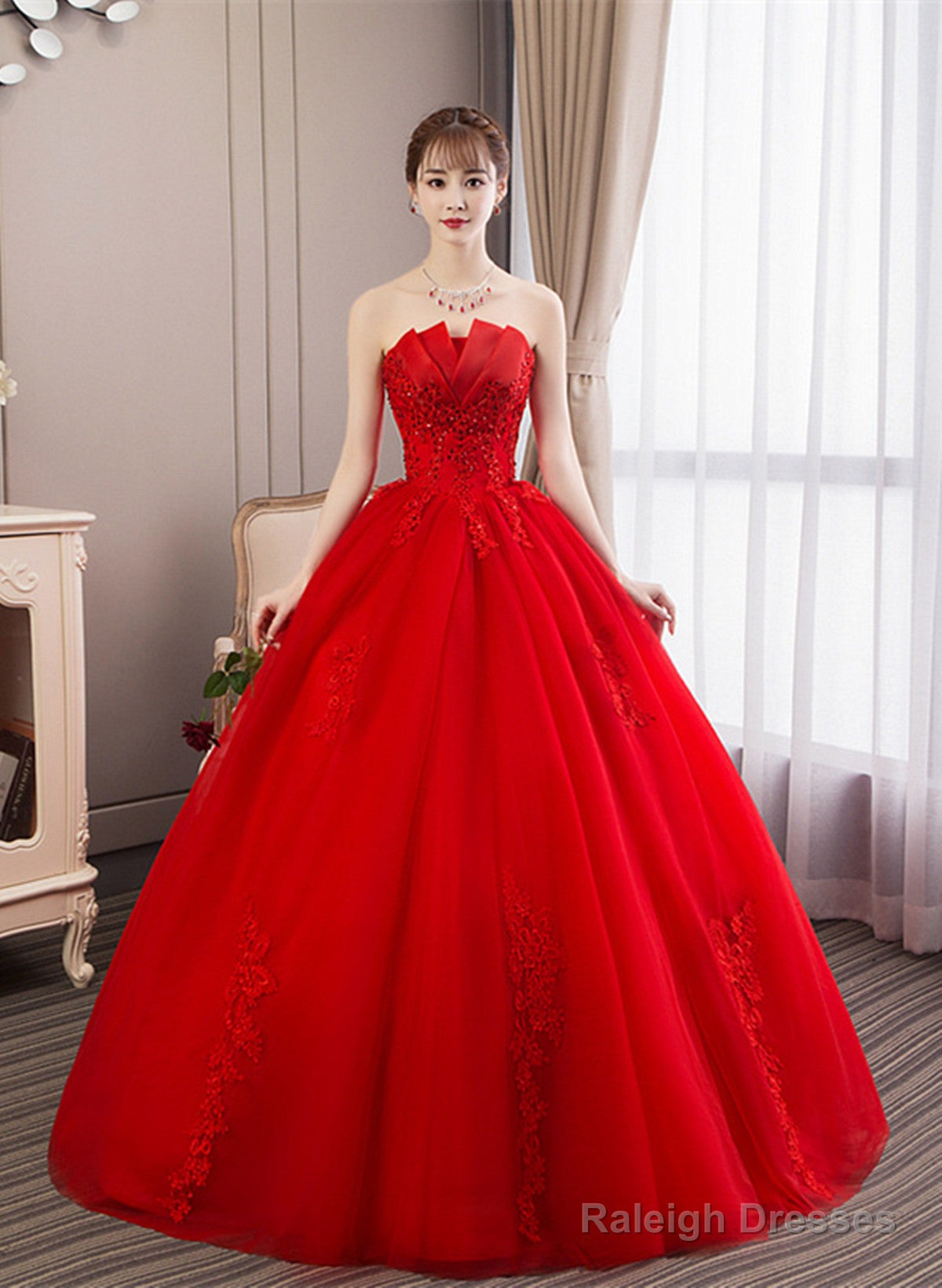 Glam Red Ball Gown Tulle Sweet 16 Dress With Lace, Red Long Formal Dress Party Dress