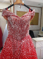 Glam Sparkle Handmade Sequins Long Party Dress, Off Shoulder Formal Gown