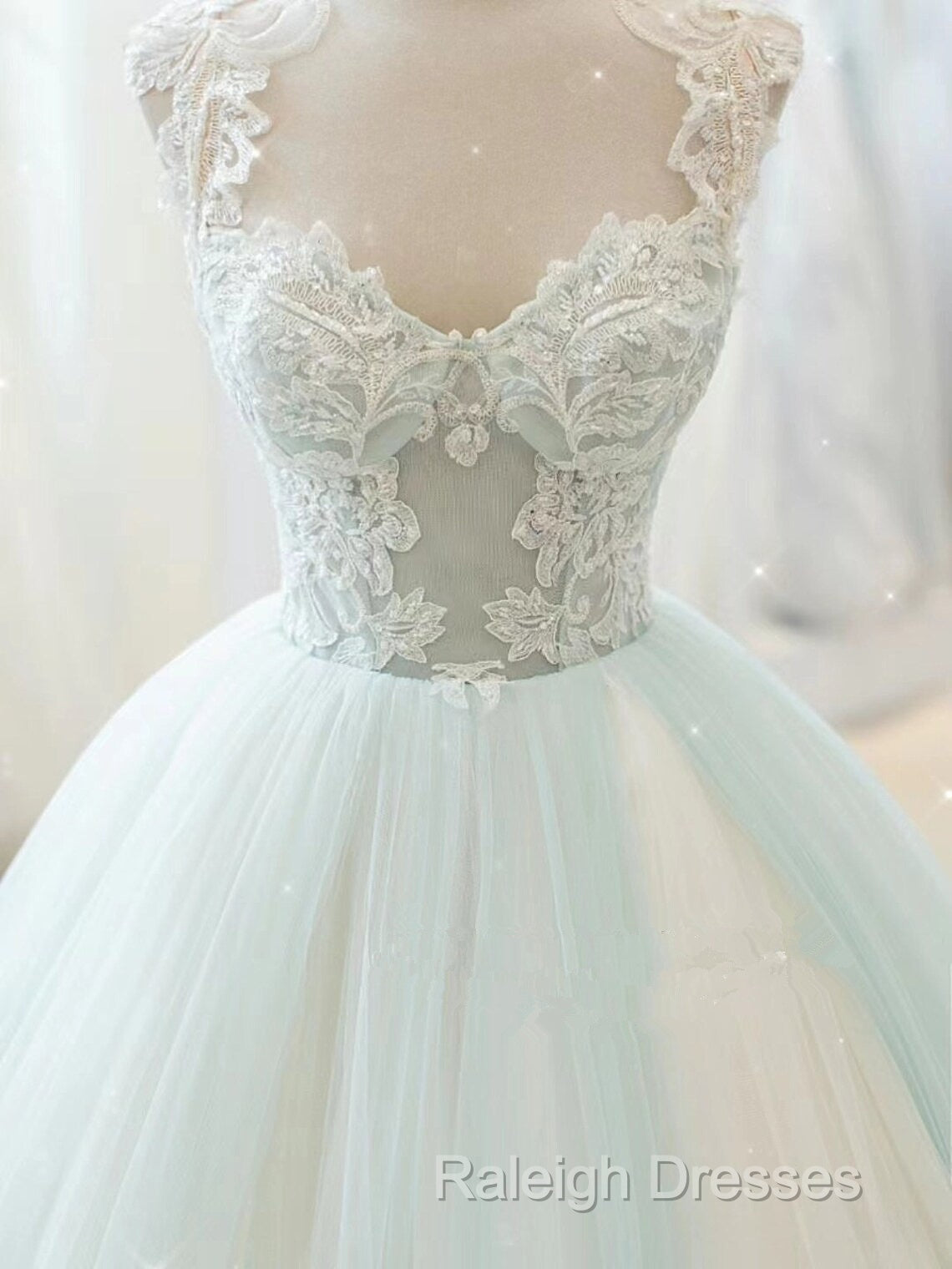 Glam White And Mint Green Tulle With Lace Party Dress, Straps Formal Dress Evening Dress