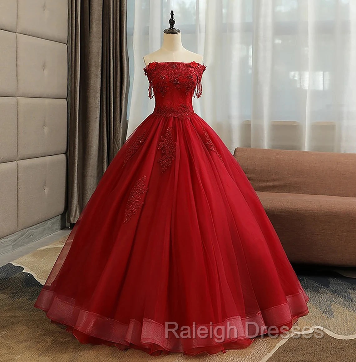 Glam Wine Red Quinceanera Dress Prom Dress, Tulle Long Embroidered with Flowers Formal Dress