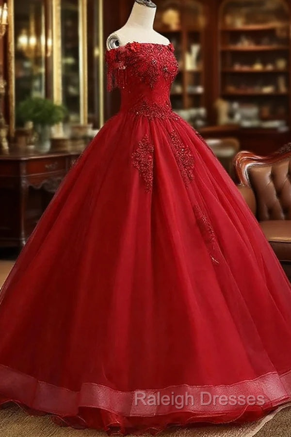 Glam Wine Red Quinceanera Dress Prom Dress, Tulle Long Embroidered with Flowers Formal Dress