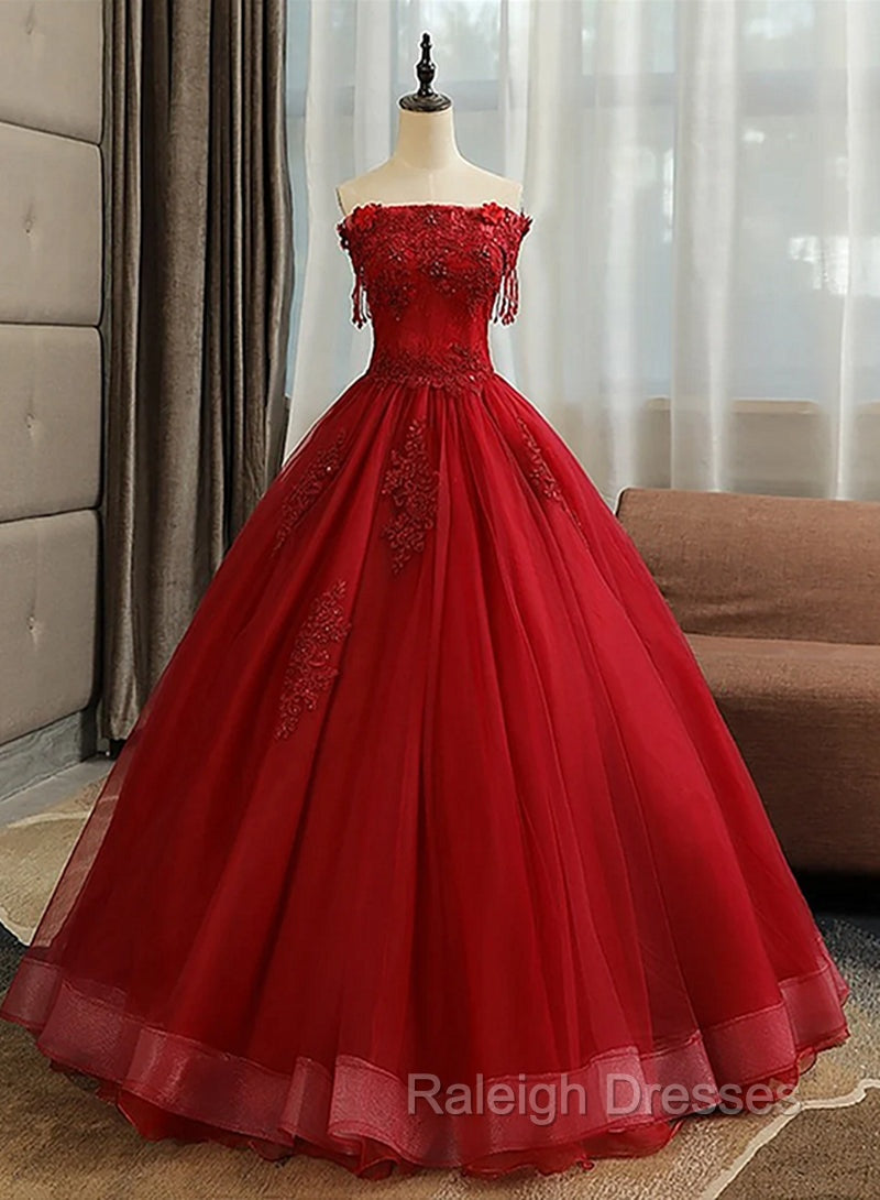 Glam Wine Red Quinceanera Dress Prom Dress, Tulle Long Embroidered with Flowers Formal Dress