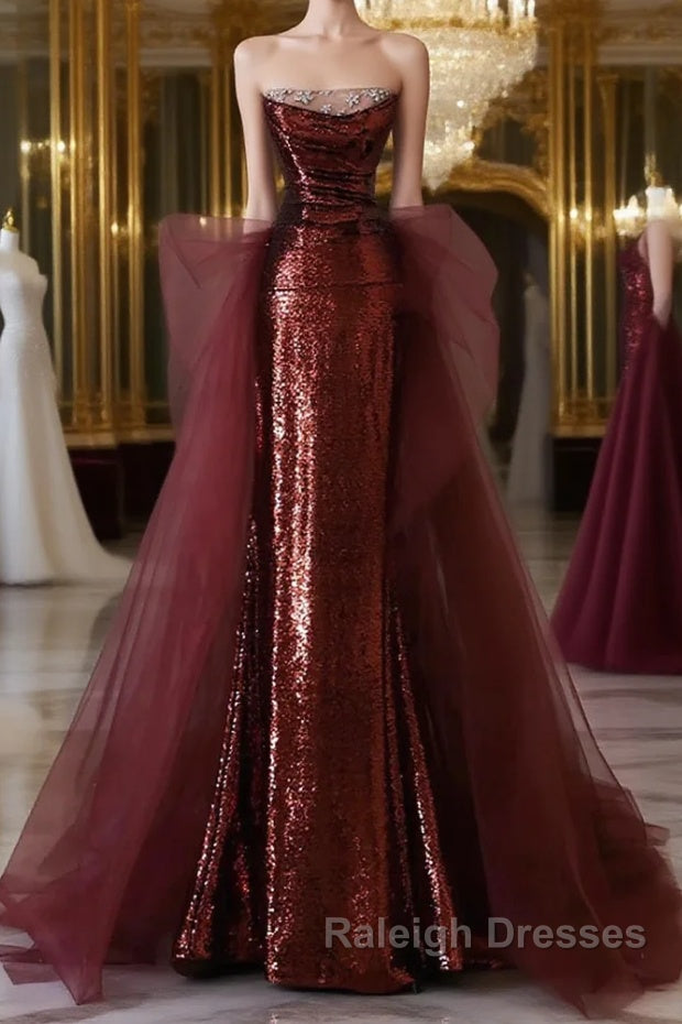 Glam Wine Red Sequins And Tulle Long Party Dress, Wine Red Evening Dress Prom Dress Main image