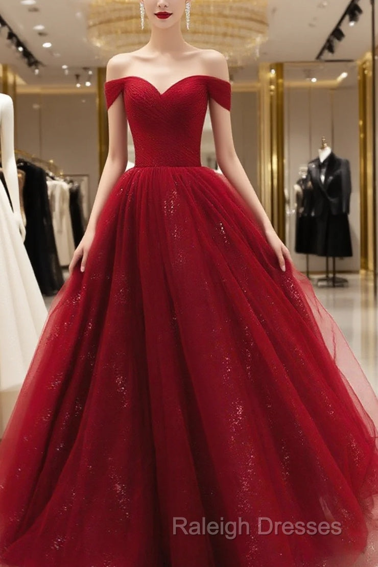 Glam Wine Red Sweetheart Tulle Shiny Long Prom Dress Party Dress, Wine Red Formal Dress Main image