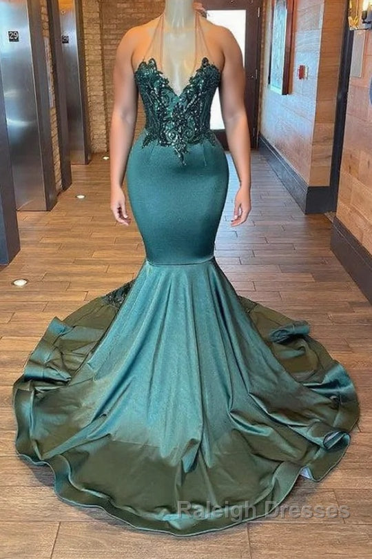 Glamorou V-Neck Sleeveless Halter Mermaid Prom Dress With Beading
