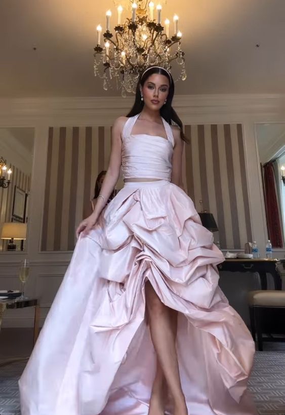 Glamorous 2 Pieces Light Pink Satin Long Formal Prom Dress