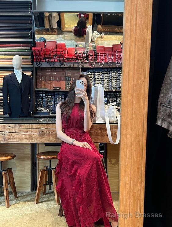 Glamorous A Line Scoop Sleeveless Burgundy Long Prom Dress