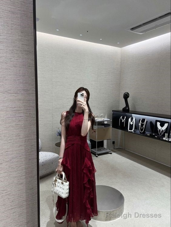 Glamorous A Line Scoop Sleeveless Burgundy Long Prom Dress