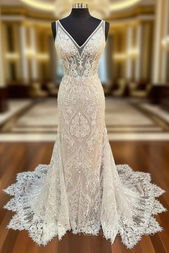 Glamorous Beige Lace V-Neck Backless Mermaid Long Wedding Dress Sexy Main image