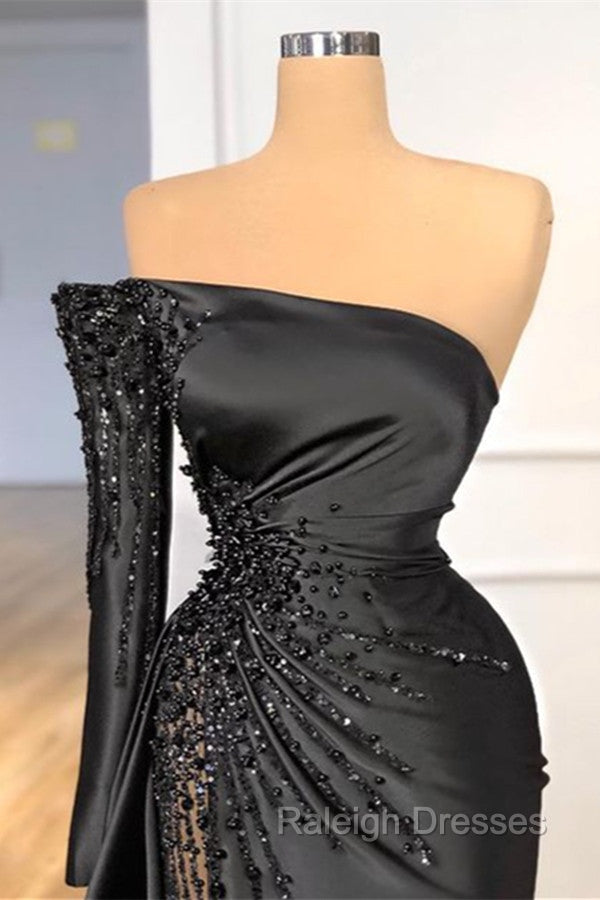 Glamorous Black Long Sleeve One Shoulder Prom Dress Beadings Evening Gowns Secondary image