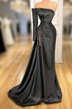 Glamorous Black Long Sleeve One Shoulder Prom Dress Beadings Evening Gowns