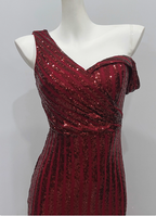 Glamorous Burgundy Slim-Fit One-Shoulder Slit Sequin Long Formal Prom Dress