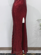 Glamorous Burgundy Slim-Fit One-Shoulder Slit Sequin Long Formal Prom Dress