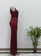 Glamorous Burgundy Slim-Fit One-Shoulder Slit Sequin Long Formal Prom Dress