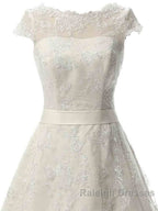 Glamorous Cap Sleeves Covered Button Ribbon Wedding Dress