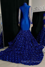 Glamorous High Neck Long Sleeves Prom Dresses Mermaid Flowers Bottom With Beads