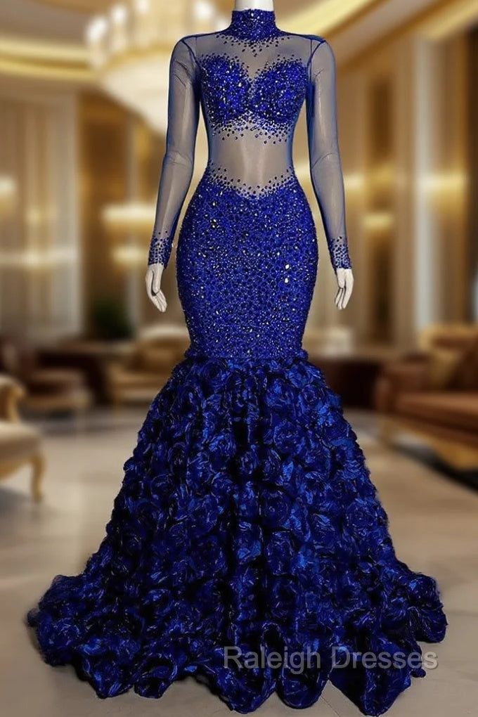 Glamorous High Neck Long Sleeves Prom Dresses Mermaid Flowers Bottom With Beads Main image