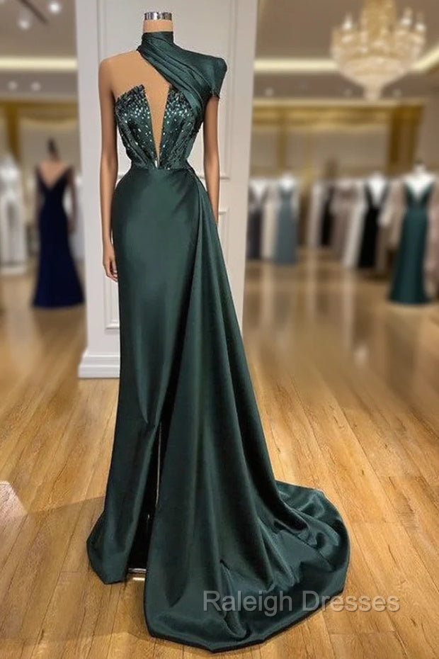 Glamorous High Neck One Shoulder Long Sleeve Mermaid Prom Gown With Crystals Main image