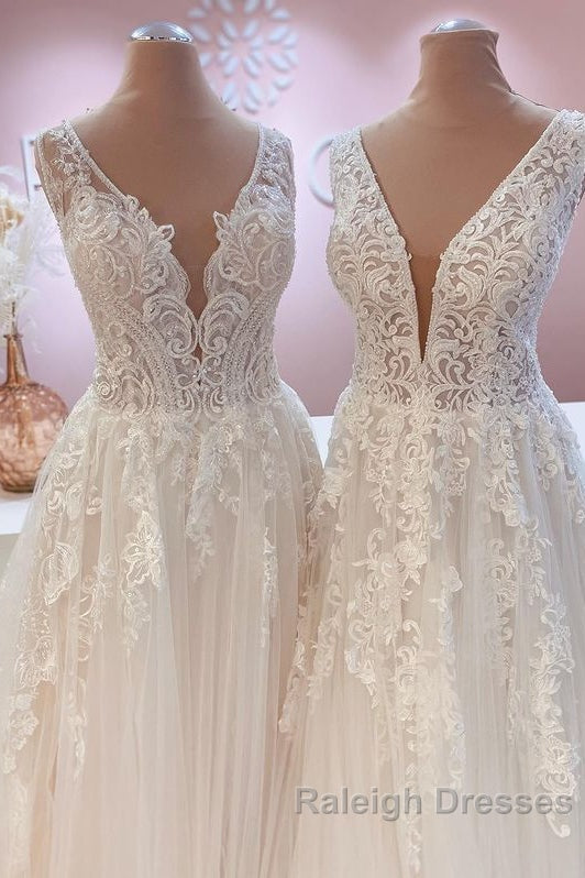 Glamorous Long A Line Open Back Tulle Appliques Lace Wedding Dresses
