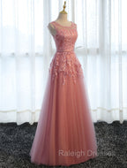 Glamorous Long Evening Dresses Lace Cameo Pink Party Dress A Line Applique Tulle Maxi Formal Dress
