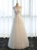 Glamorous Long Evening Dresses Lace Cameo Pink Party Dress A Line Applique Tulle Maxi Formal Dress