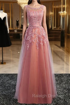 Glamorous Long Evening Dresses Lace Cameo Pink Party Dress A Line Applique Tulle Maxi Formal Dress