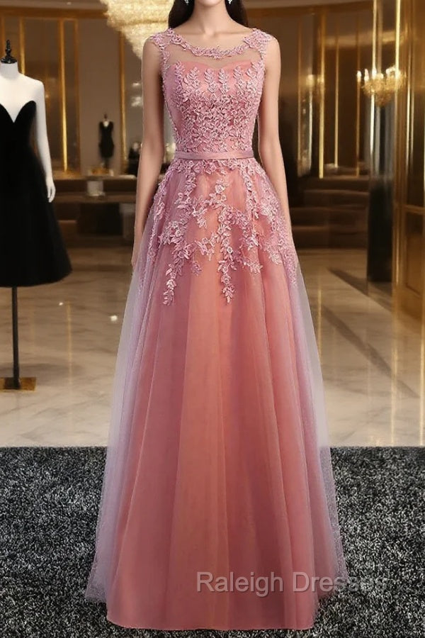 Glamorous Long Evening Dresses Lace Cameo Pink Party Dress A Line Applique Tulle Maxi Formal Dress