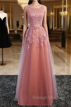 Glamorous Long Prom Dresses Lace Cameo Pink Prom Dress A Line Applique Tulle Maxi Formal Dress