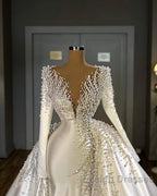Glamorous Long Sleeve Pearls Wedding Dresses V Neck With Detachable Train Online