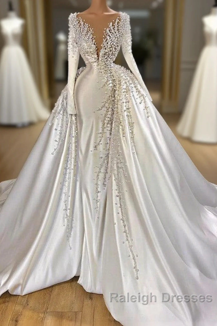 Glamorous Long Sleeve Pearls Wedding Dresses V Neck With Detachable Train Online Main image