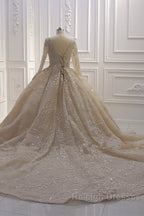 Glamorous Long Sleeve V Neck Sequin Beading Ball Gown Wedding Dresses